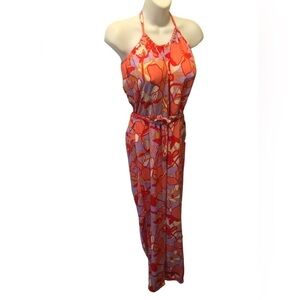 Oliviaceous Coconut Girl Floral Print Jumpsuit Halter Top Jogger Pant M Hawaiian